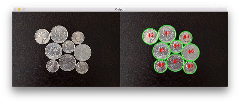 Figure 7: The final output of our watershed algorithm -- we have been able to cleanly detect and draw the boundaries of each coin in the image, even though their edges are touching.