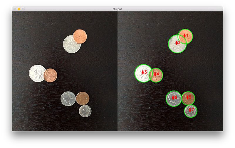 Figure 9: The watershed algorithm is able to segment the overlapping coins from each other.