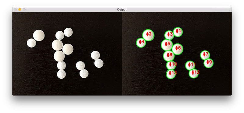 Figure 11: Applying the watershed algorithm with OpenCV to count the number of pills in an image.