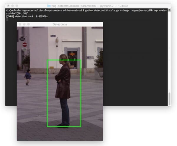 Figure 5: Increasing the winStride can reduce our pedestrian detection time (0.09s down to 0.06s, respectively), but as you can see, we miss out on detecting the boy in the background.