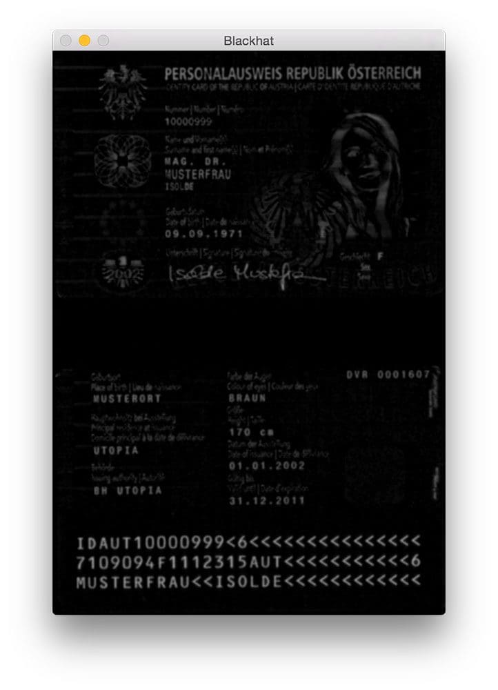 Figure 2: Applying the blackhat morphological operator reveals the black MRZ text against the light passport background.