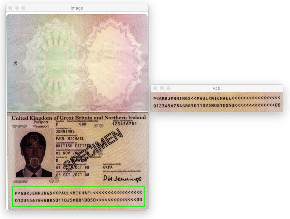 Figure 11: Detecting the MRZ in a Type 3 passport image using Python and OpenCV.