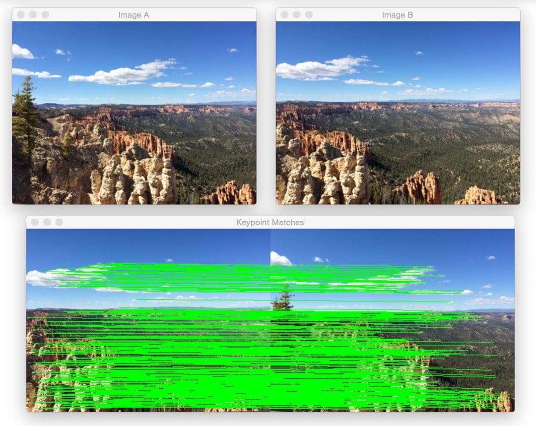Figure 1: (Top) The two input images from Bryce canyon (in left-to-right order). (Bottom) The matched keypoint correspondences between the two images.
