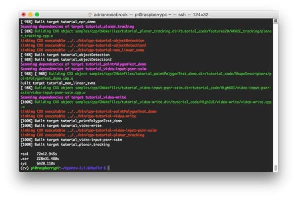 Figure 5: Our OpenCV 3 compile on Raspbian Jessie has completed successfully.