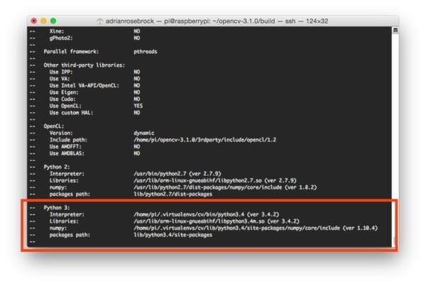 Figure 5: Checking that Python 3 will be used when compiling OpenCV 3 for Raspbian Jessie on the Raspberry Pi 3.