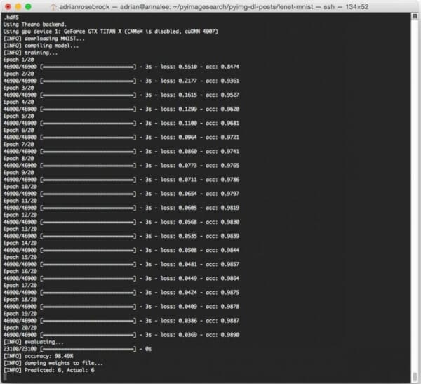 Figure 3: Training LeNet on the MNIST dataset on my Titan X takes approximately 3 seconds per epoch. After 20 epochs, LeNet is reaching 98.90% classification accuracy on the training data and 98.49% accuracy on the testing data.