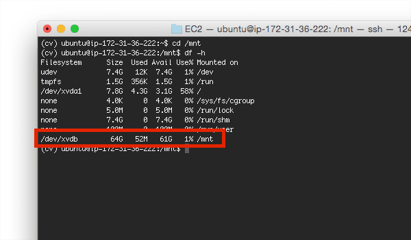 Figure 2: However, if we use the '/mnt' volume instead, we have 64GB -- far more than what is required to compile OpenCV.