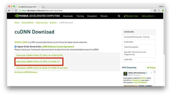 Figure 4: We'll be installing the cuDNN v5 library for deep learning.