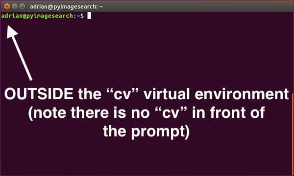 Figure 2: If you do not see the "(cv)" text on your prompt, then you are not in the cv virtual environment and need to run the "workon" command to resolve this issue. 
