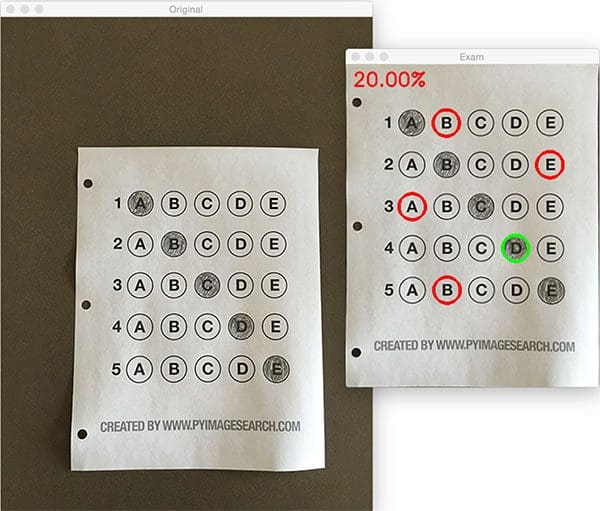 Figure 13: Optical Mark Recognition for test scoring using Python and OpenCV.