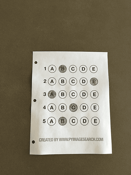 Figure 1: The example, filled in bubble sheet we are going to use when developing our test scanner software.