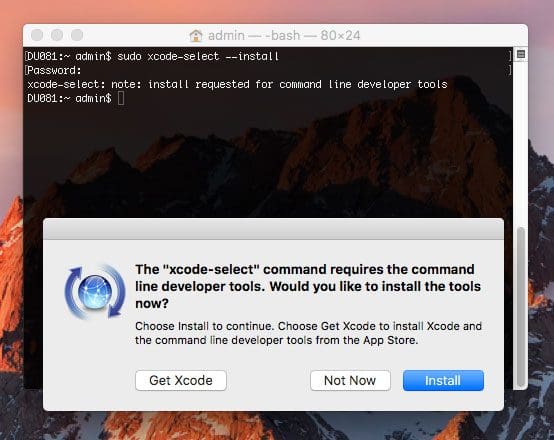 Figure 3: Installing the Apple Command Line Tools on macOS.