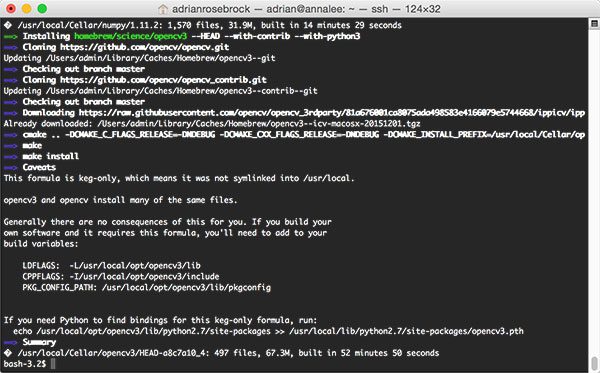 Figure 5: Compiling and installing OpenCV 3 with Python bindings on macOS with Homebrew.