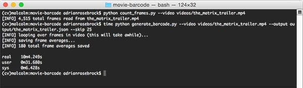 Figure 3: Determining the number of frames in a movie followed by generating the video barcode for The Matrix trailer.