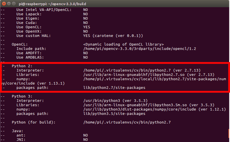 Checking that Python 3 will be used when compiling OpenCV 3 for Raspbian Stretch on the Raspberry Pi 3.