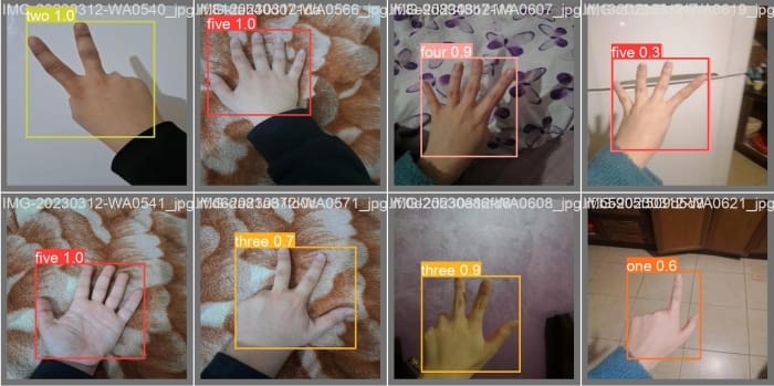 Figure 10: Ground-truth images (top) and YOLOv8n model prediction (bottom) on a sample validation dataset fine-tuned with all layers (source: image by the author).