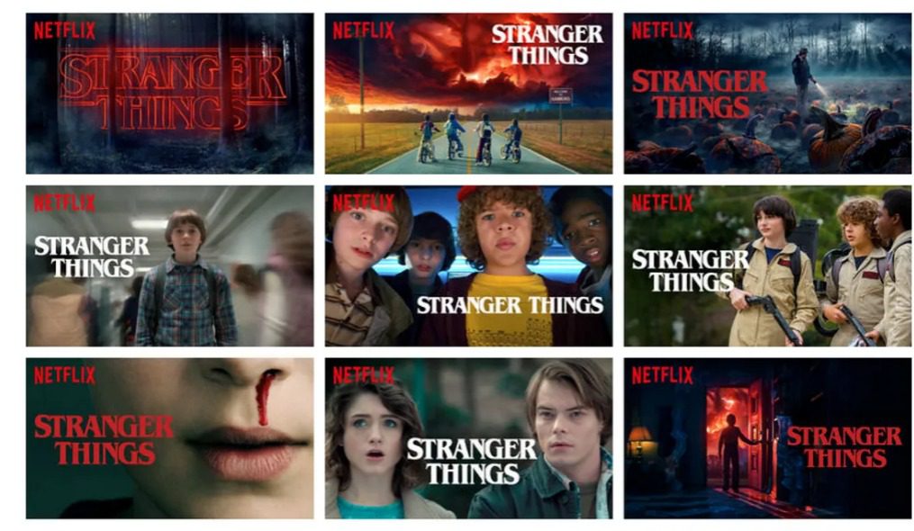 Figure 7: Different artwork images for the Netflix show: Stranger Things (source: Chandrashekar, Amat, Basilico, and Jebara, “Artwork Personalization at Netflix,” Netflix Technology Blog, 2017).