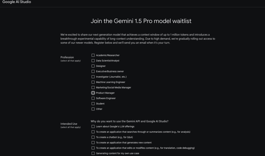 Gemini 1.5 Pro Waitlist form
